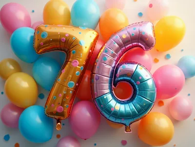 Gold and Multicolored Number 76 Balloons