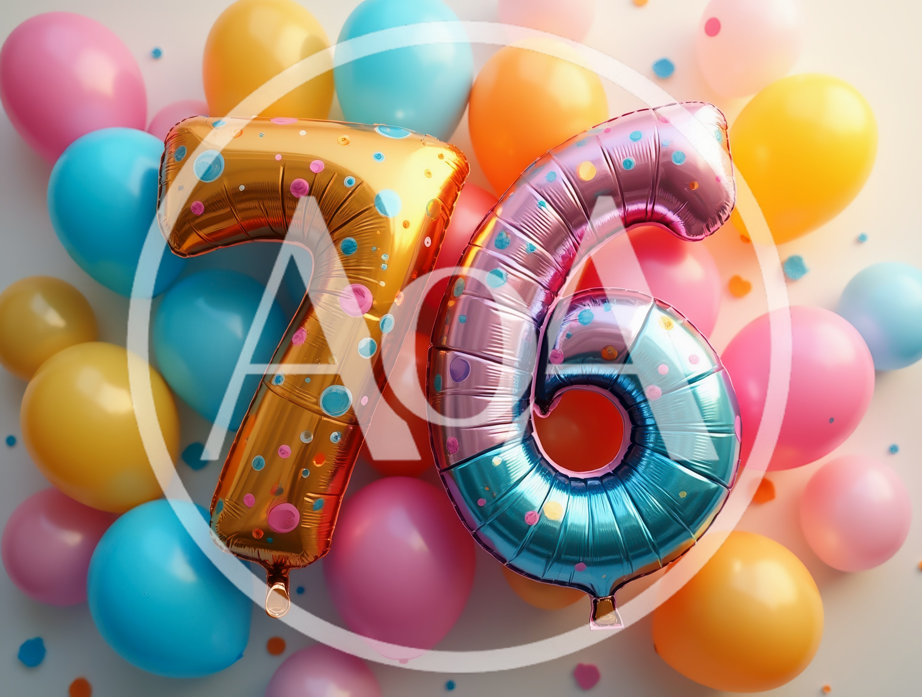 Gold and Multicolored Number 76 Balloons