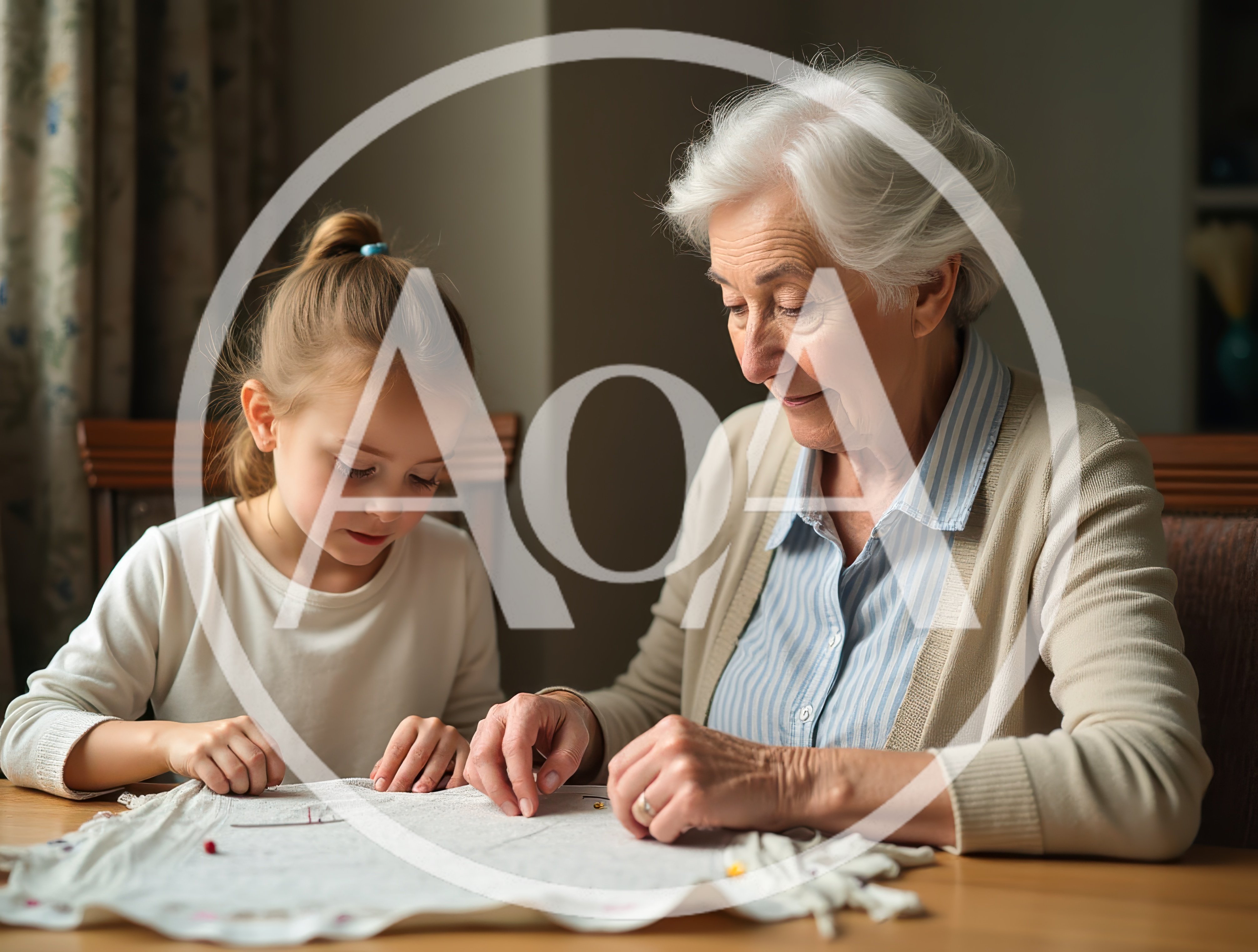 Grandmother Teaching Young Granddaughter To Sew At Home