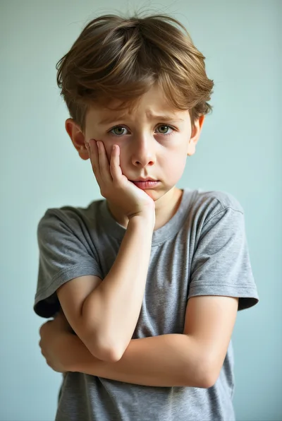 Sad Young Boy Resting Chin On Hand