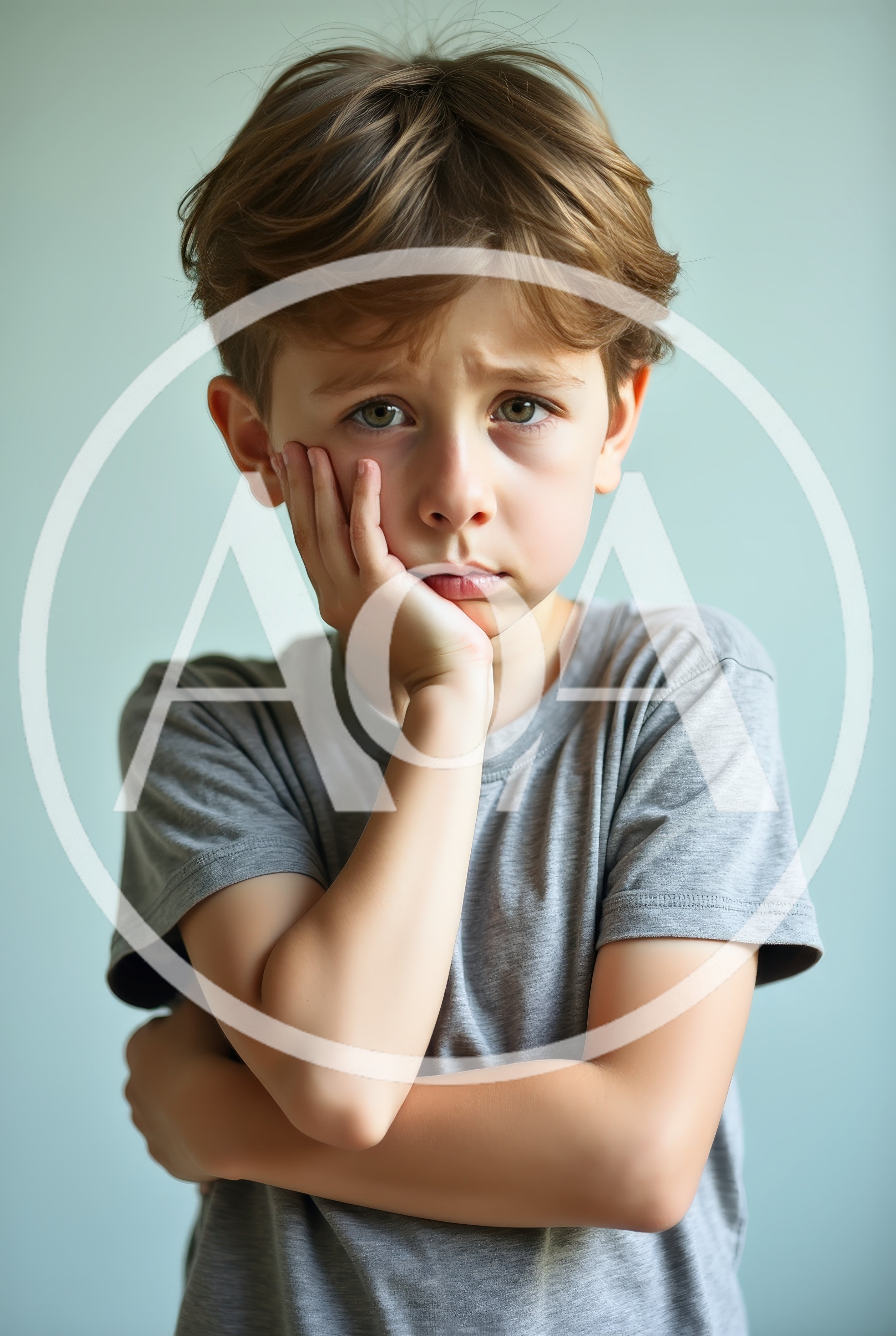 Sad Young Boy Resting Chin On Hand