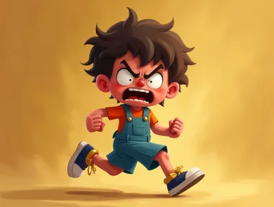 Angry Cartoon Boy Running In Overalls