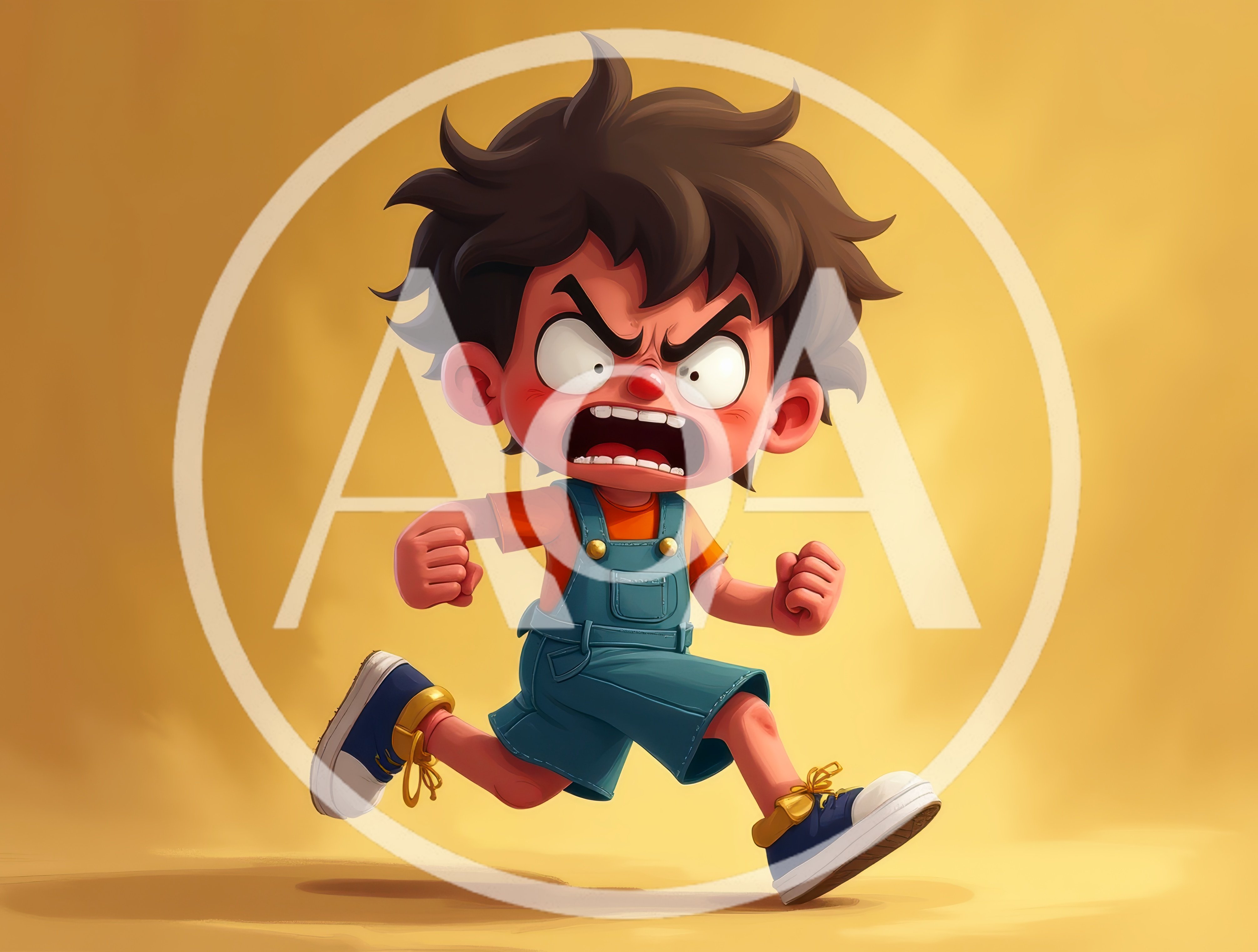 Angry Cartoon Boy Running In Overalls