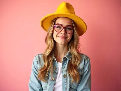 Young Woman Wearing Yellow Fedora and Glasses