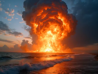Massive Fiery Explosion Over The Ocean At Sunset