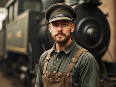 Portrait Of A Bearded Train Conductor In Uniform