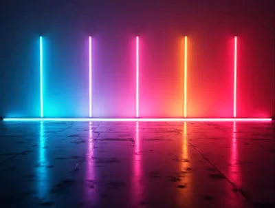 Vertical Neon Light Tubes On A Reflective Floor