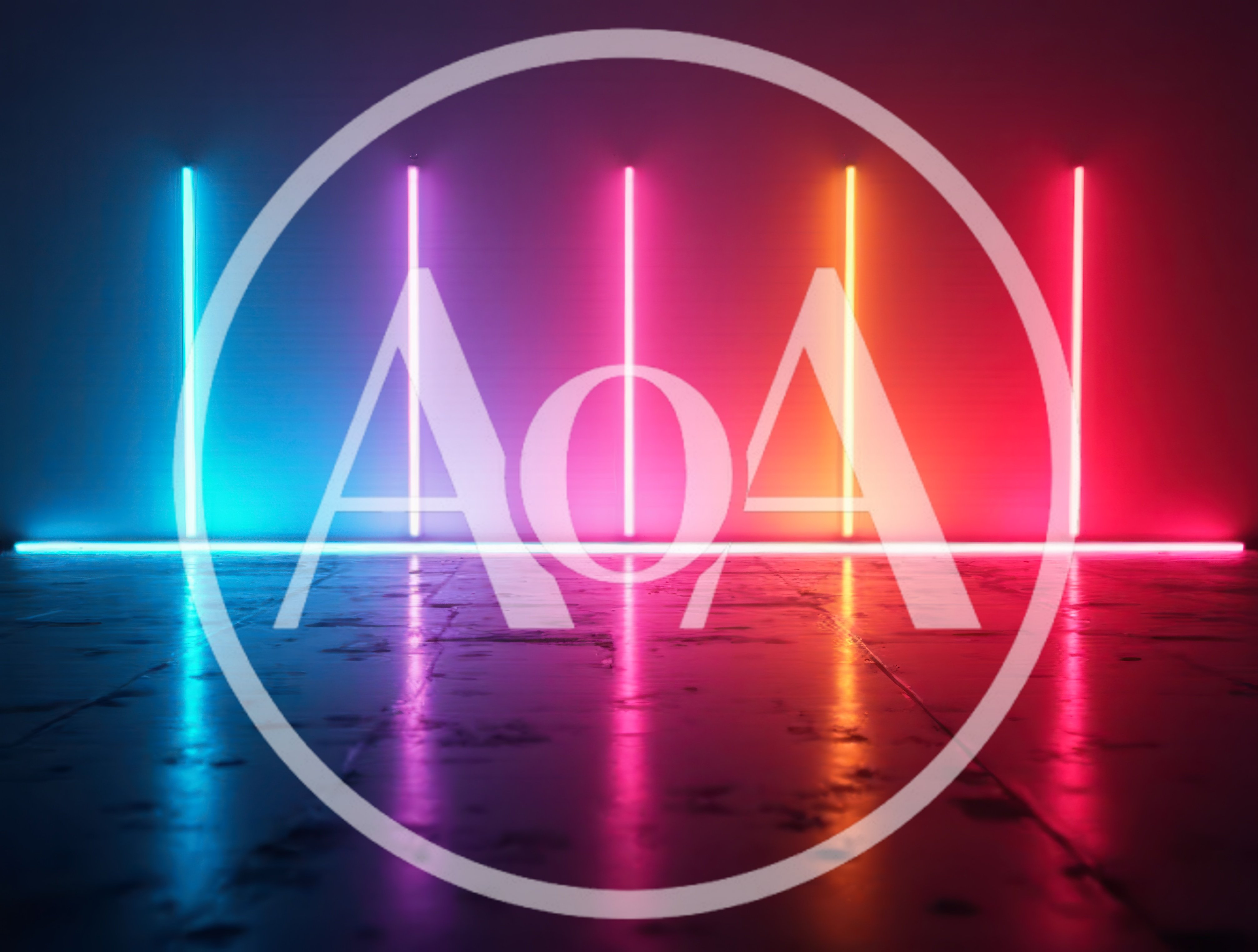 Vertical Neon Light Tubes On A Reflective Floor