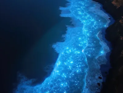 Bioluminescent Waves Crashing Against A Rocky Coastal Cliff