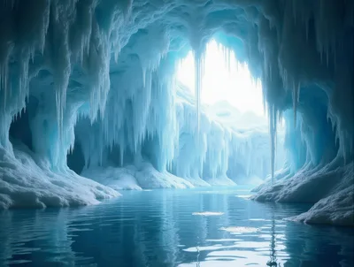 Stunning Ice Cave With Frozen Water And Icicles