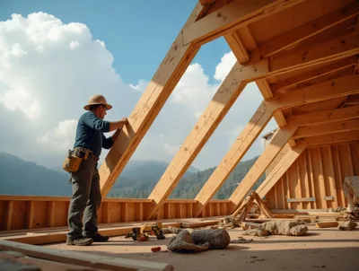 Construction Worker Inspecting Wooden Roof Rafters