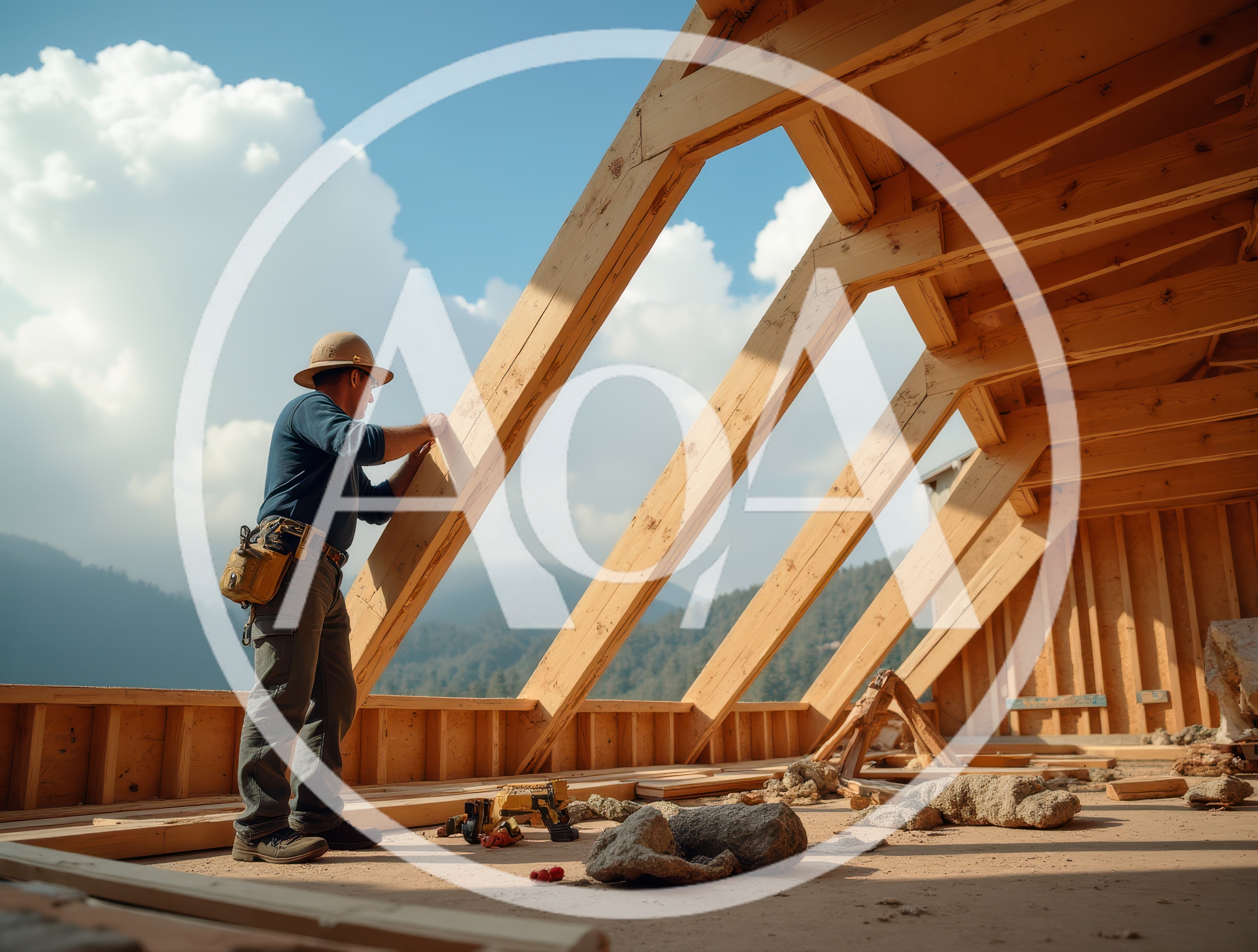 Construction Worker Inspecting Wooden Roof Rafters