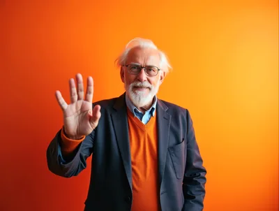 Senior Man Waving Hello Against Orange Background