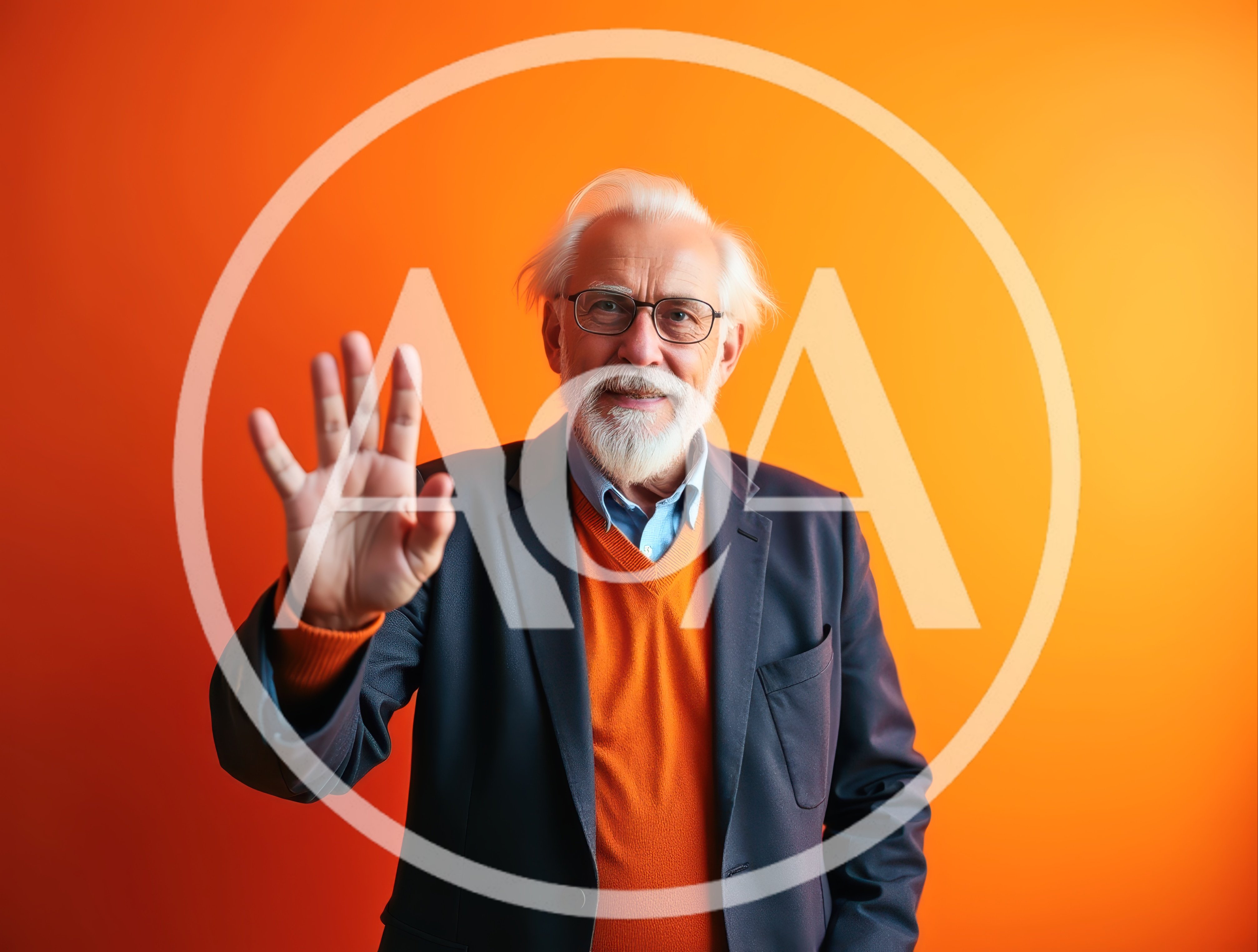 Senior Man Waving Hello Against Orange Background
