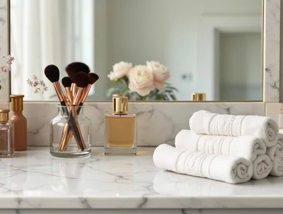 Luxury Bathroom Vanity With Makeup Brushes And Towels