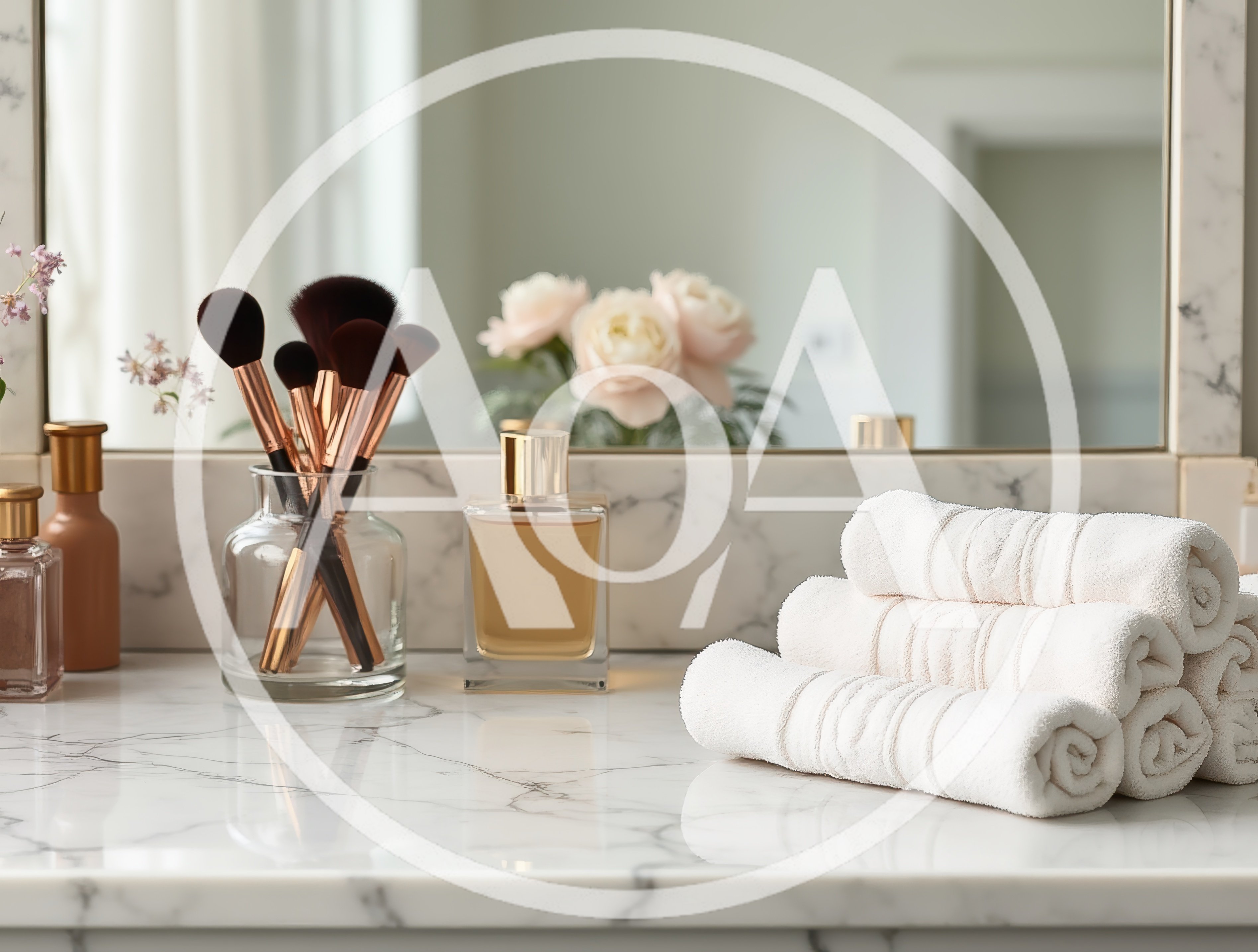 Luxury Bathroom Vanity With Makeup Brushes And Towels
