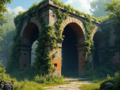 Ancient Stone Archway Ruins Overgrown With Lush Greenery