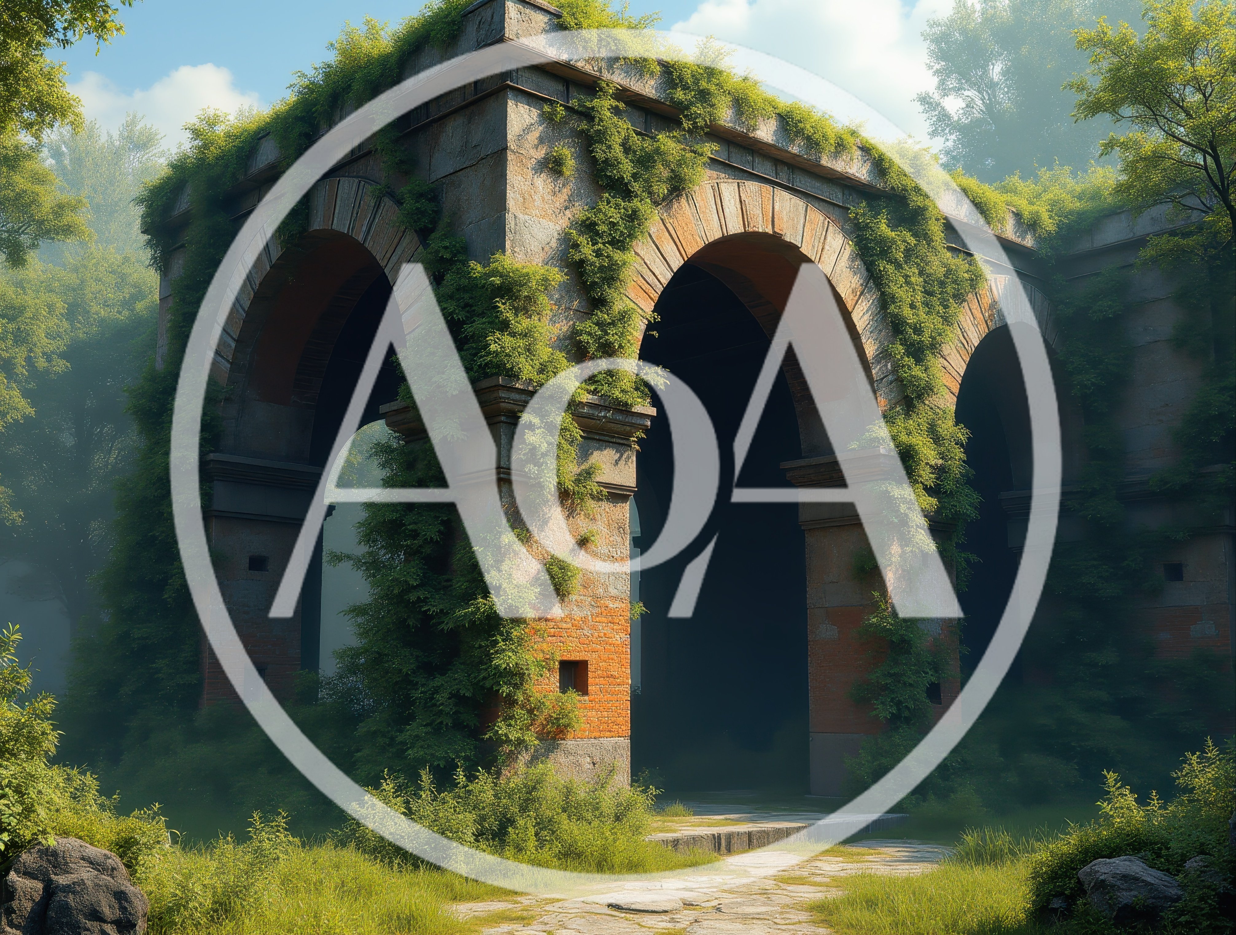 Ancient Stone Archway Ruins Overgrown With Lush Greenery
