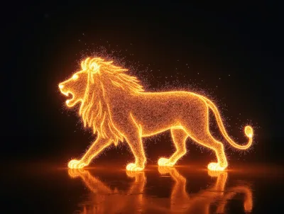 Glowing Particle Lion Walking In Dark Space