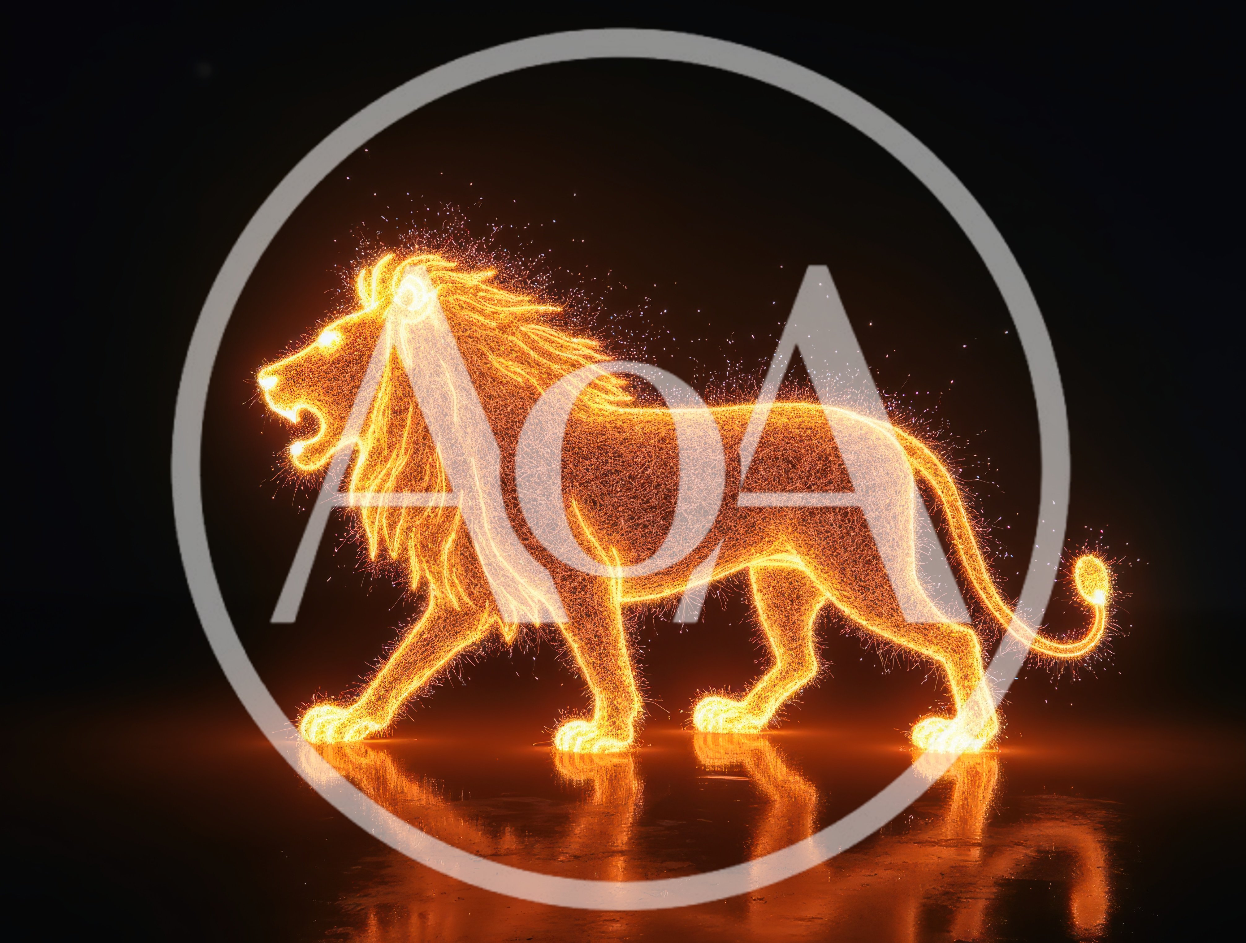 Glowing Particle Lion Walking In Dark Space