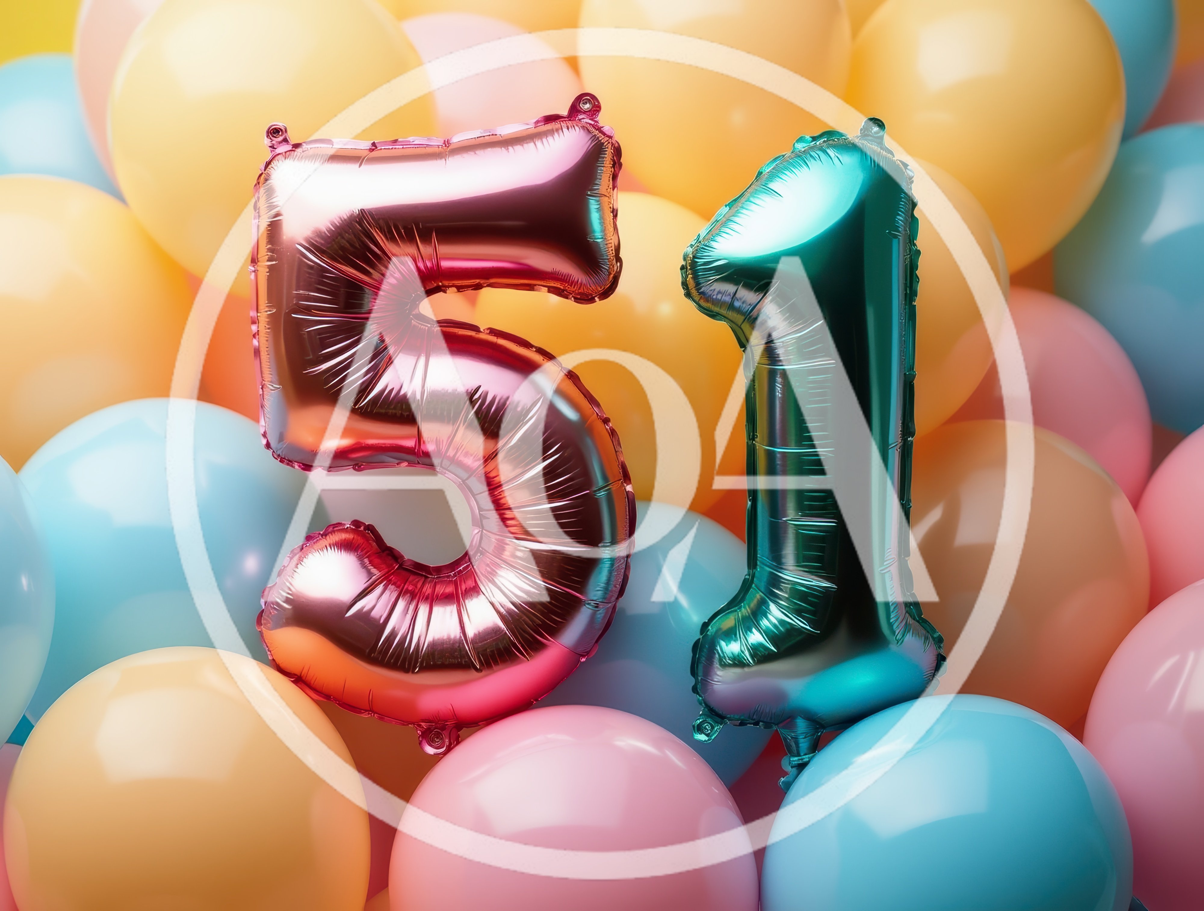 Number 51 Foil Balloons Against Pastel Background
