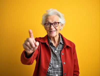Elderly Woman Pointing Forward Against Yellow Background