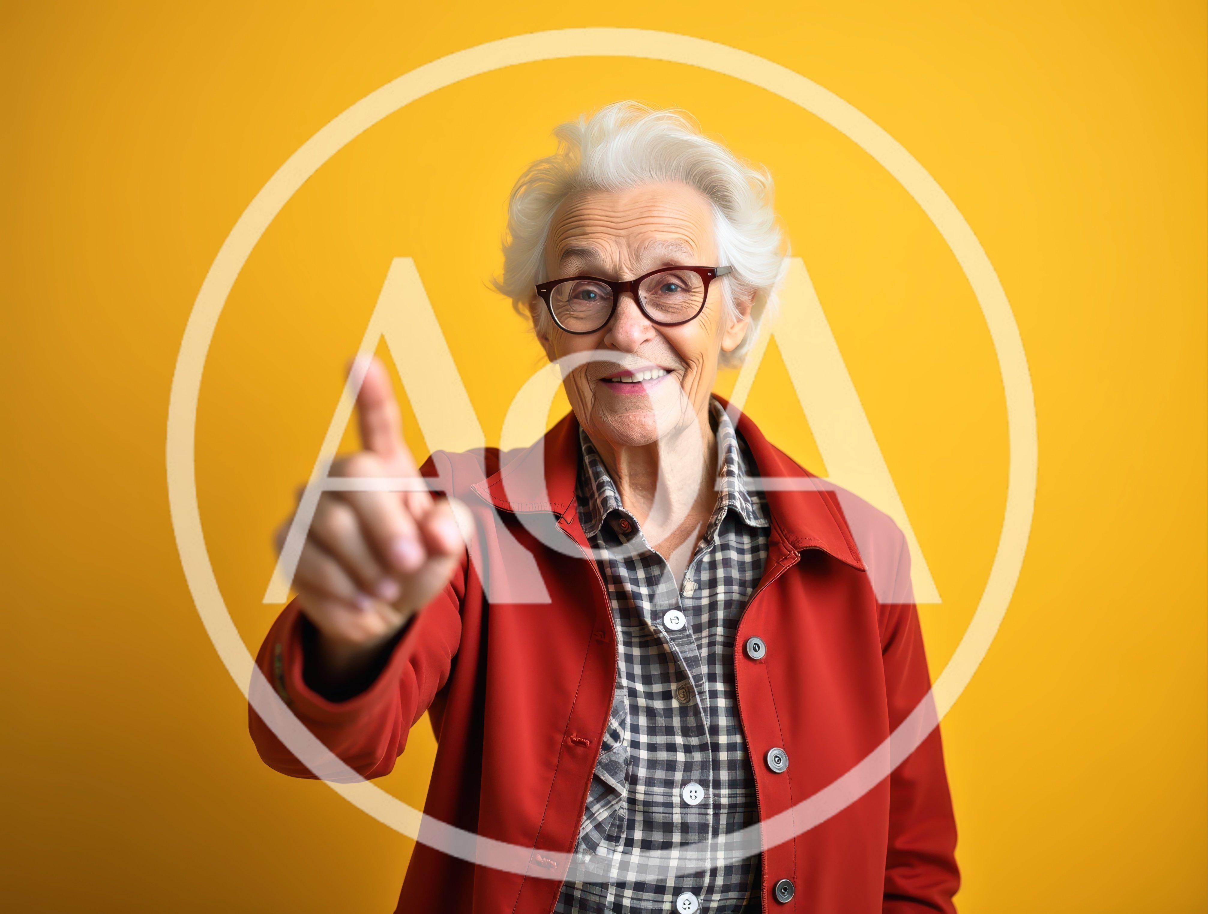 Elderly Woman Pointing Forward Against Yellow Background