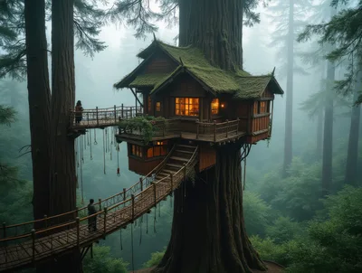 Cozy Treehouse Cabin Nestled High In Misty Redwood Forest
