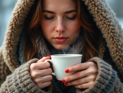 Young Woman Holding A Steaming Mug In Winter