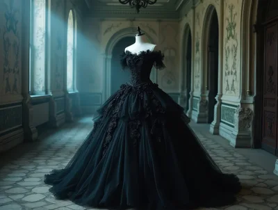 Elegant Black Gothic Ball Gown On Mannequin