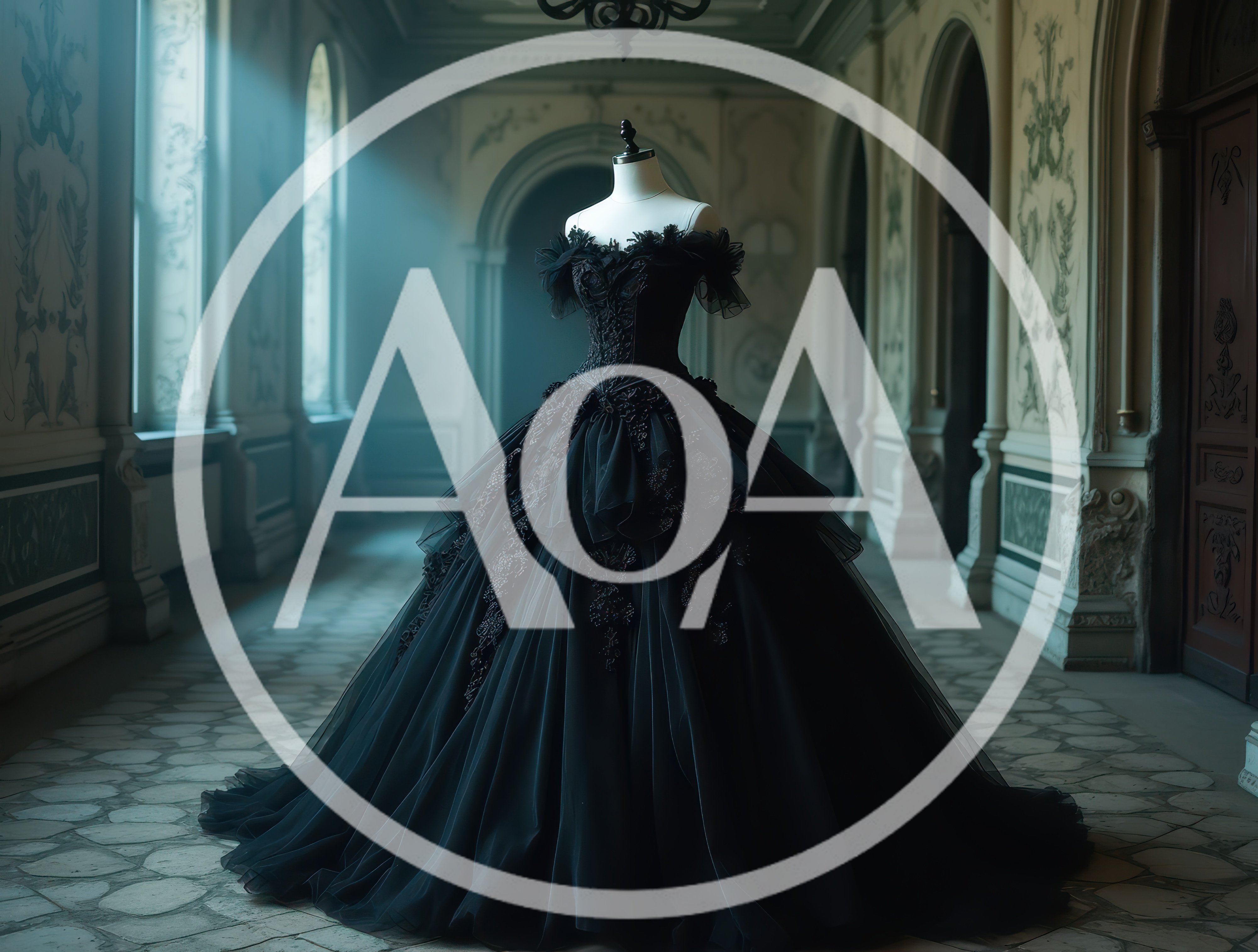 Elegant Black Gothic Ball Gown On Mannequin