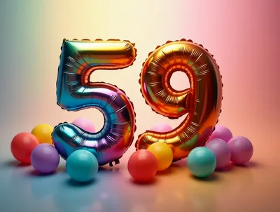 Iridescent Number Fifty Nine Balloons With Colorful Spheres