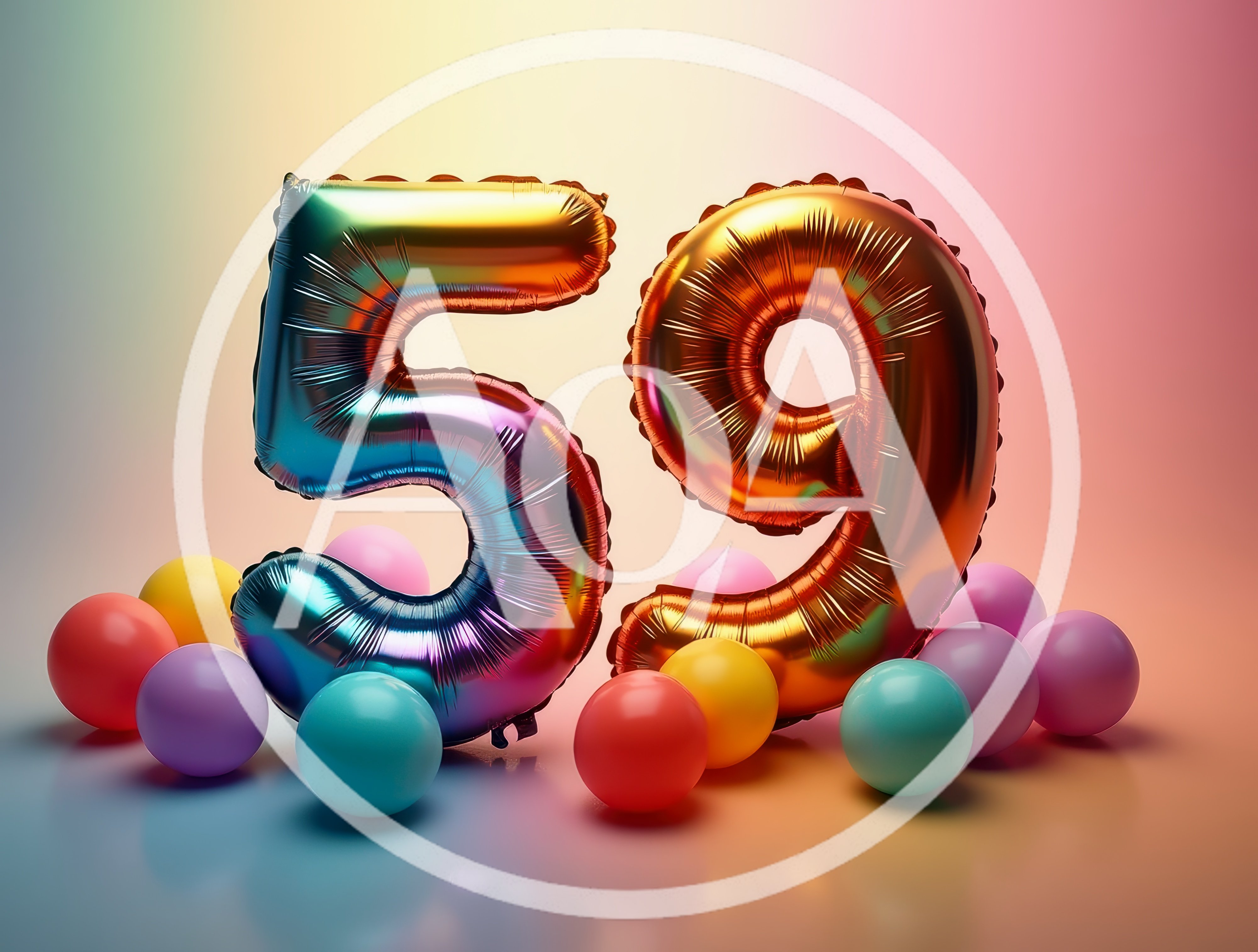 Iridescent Number Fifty Nine Balloons With Colorful Spheres