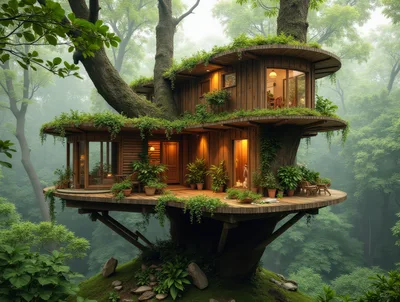 Modern Luxury Treehouse Nestled In A Misty Forest
