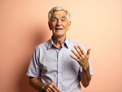 Senior Man Gesturing With Hand Against Peach Background
