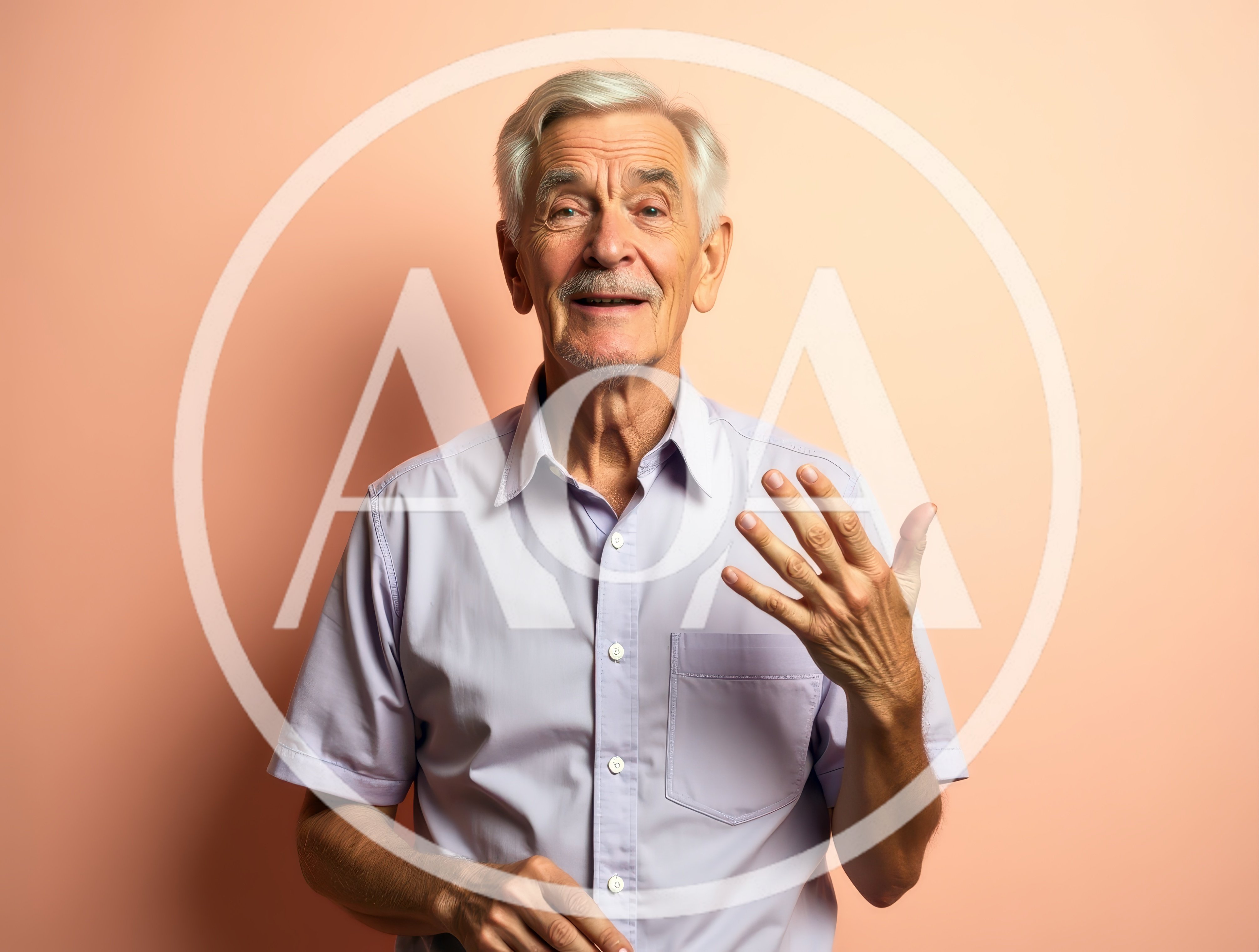 Senior Man Gesturing With Hand Against Peach Background