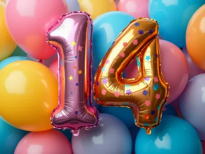 Number Fourteen Foil Balloons Against Colorful Background