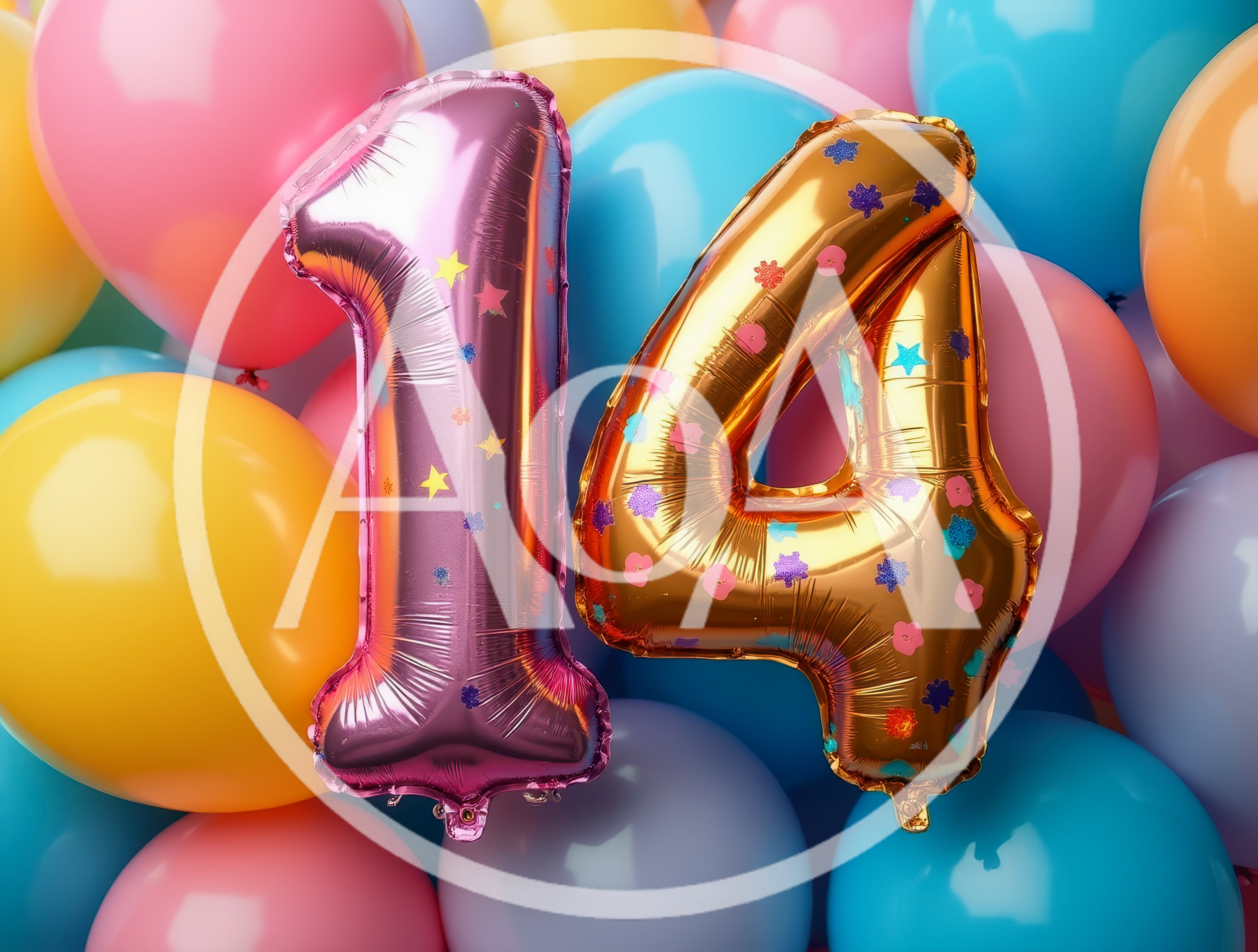 Number Fourteen Foil Balloons Against Colorful Background