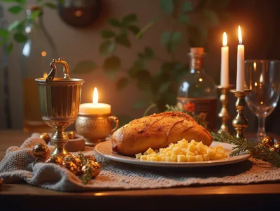 Festive Holiday Dinner Table With Roasted Meat And Candles