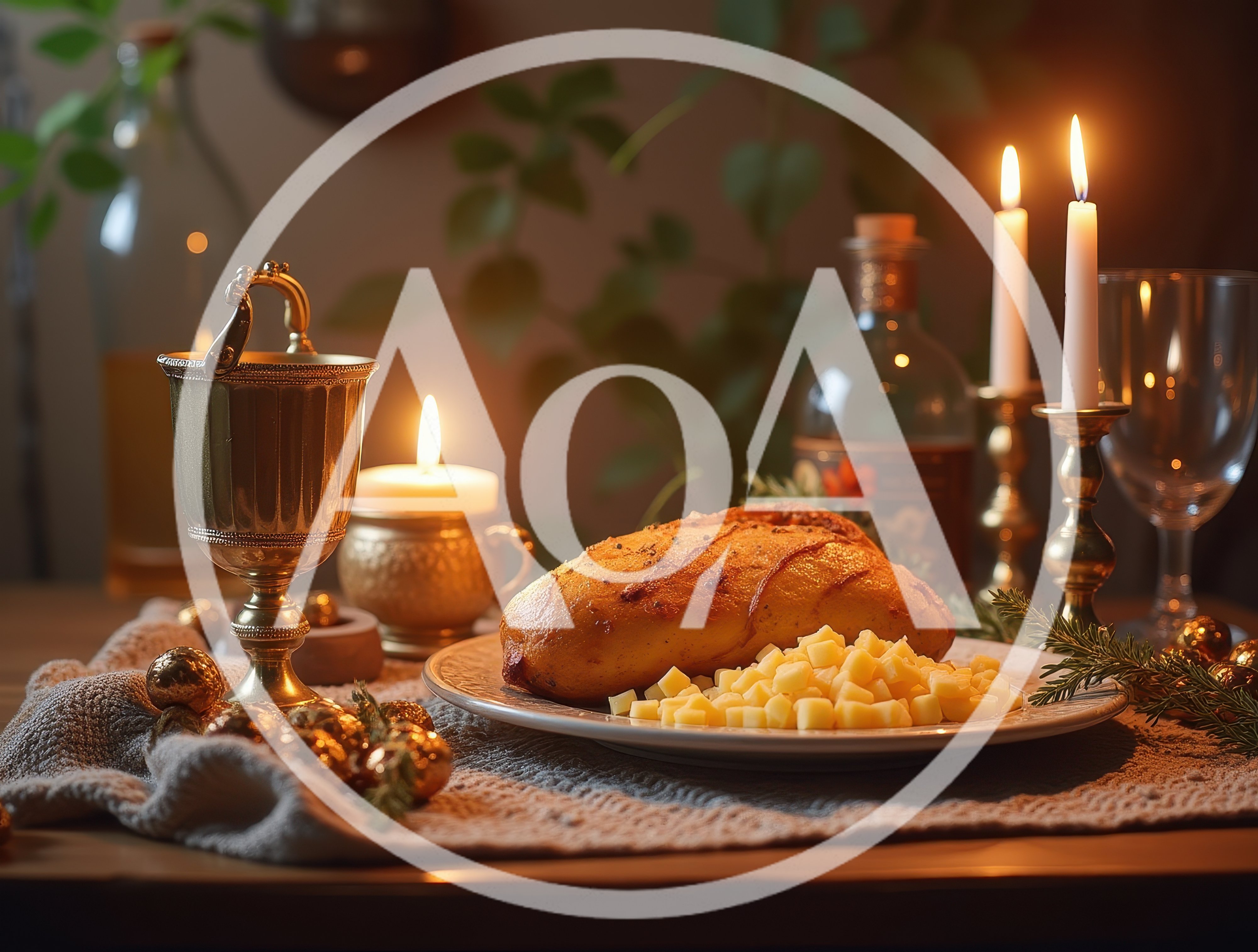 Festive Holiday Dinner Table With Roasted Meat And Candles