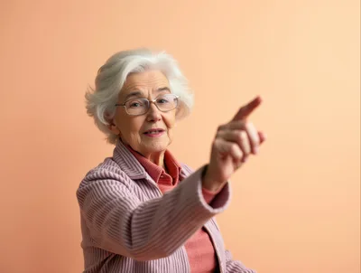 Elderly Woman Pointing Forward Against Peach Background