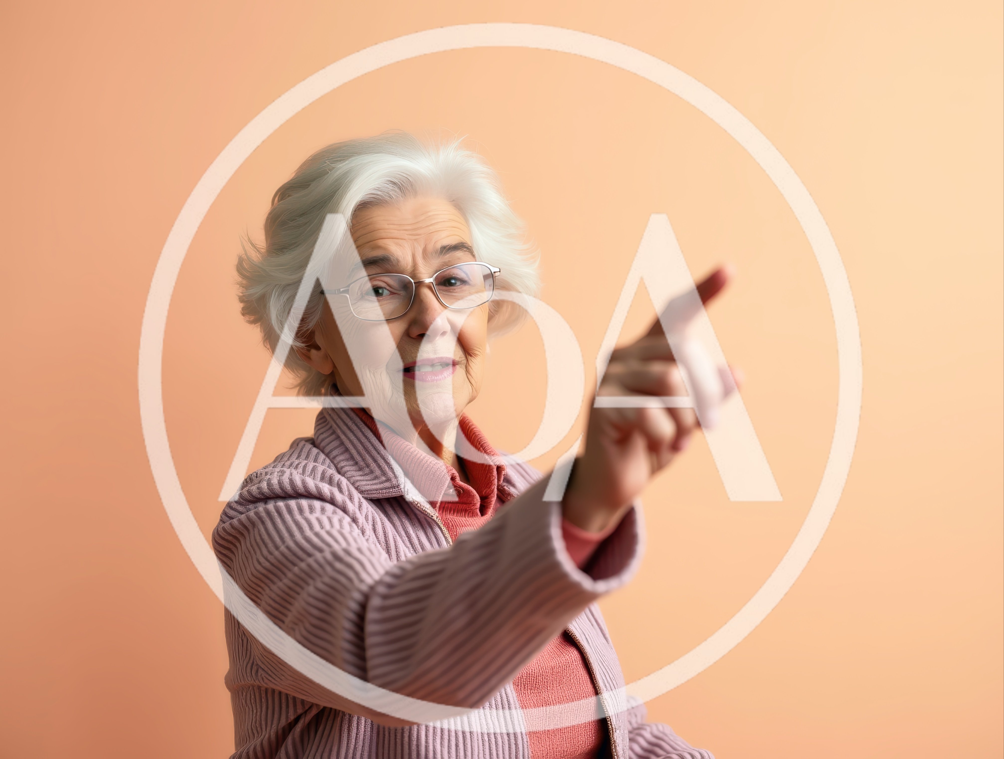 Elderly Woman Pointing Forward Against Peach Background