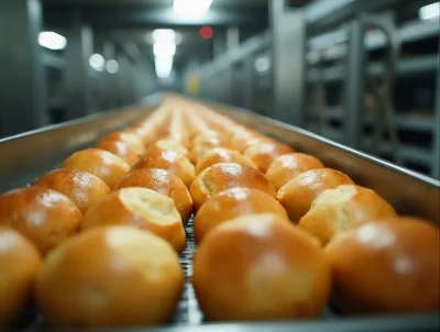 Freshly Baked Bread Rolls Moving Along Industrial Conveyor Belt