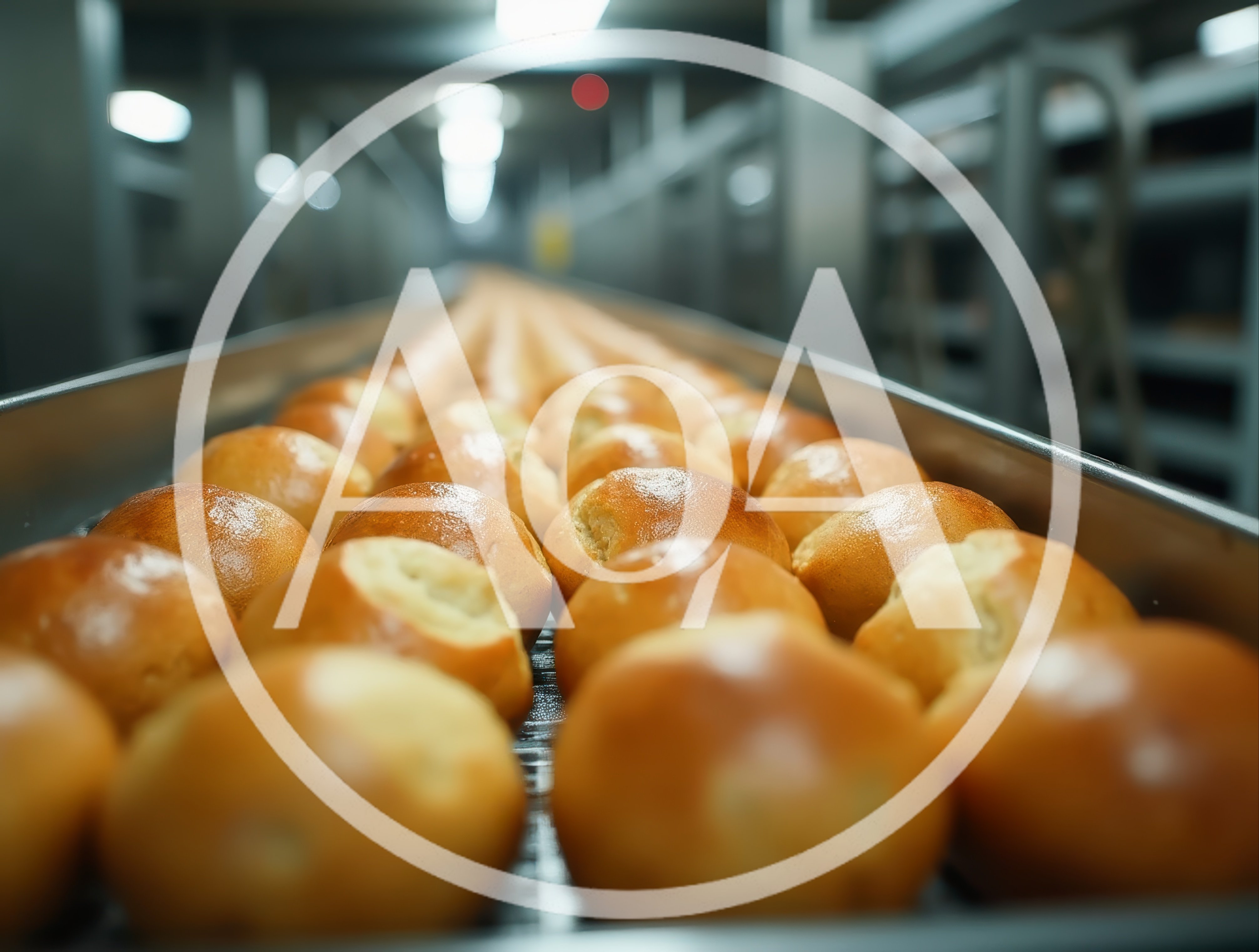 Freshly Baked Bread Rolls Moving Along Industrial Conveyor Belt