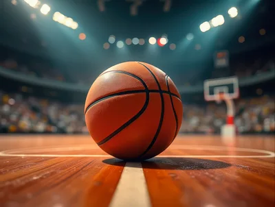 Basketball Resting On A Professional Indoor Court