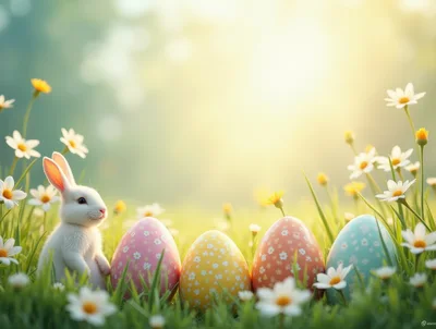 Cute White Easter Bunny With Decorated Eggs In Meadow