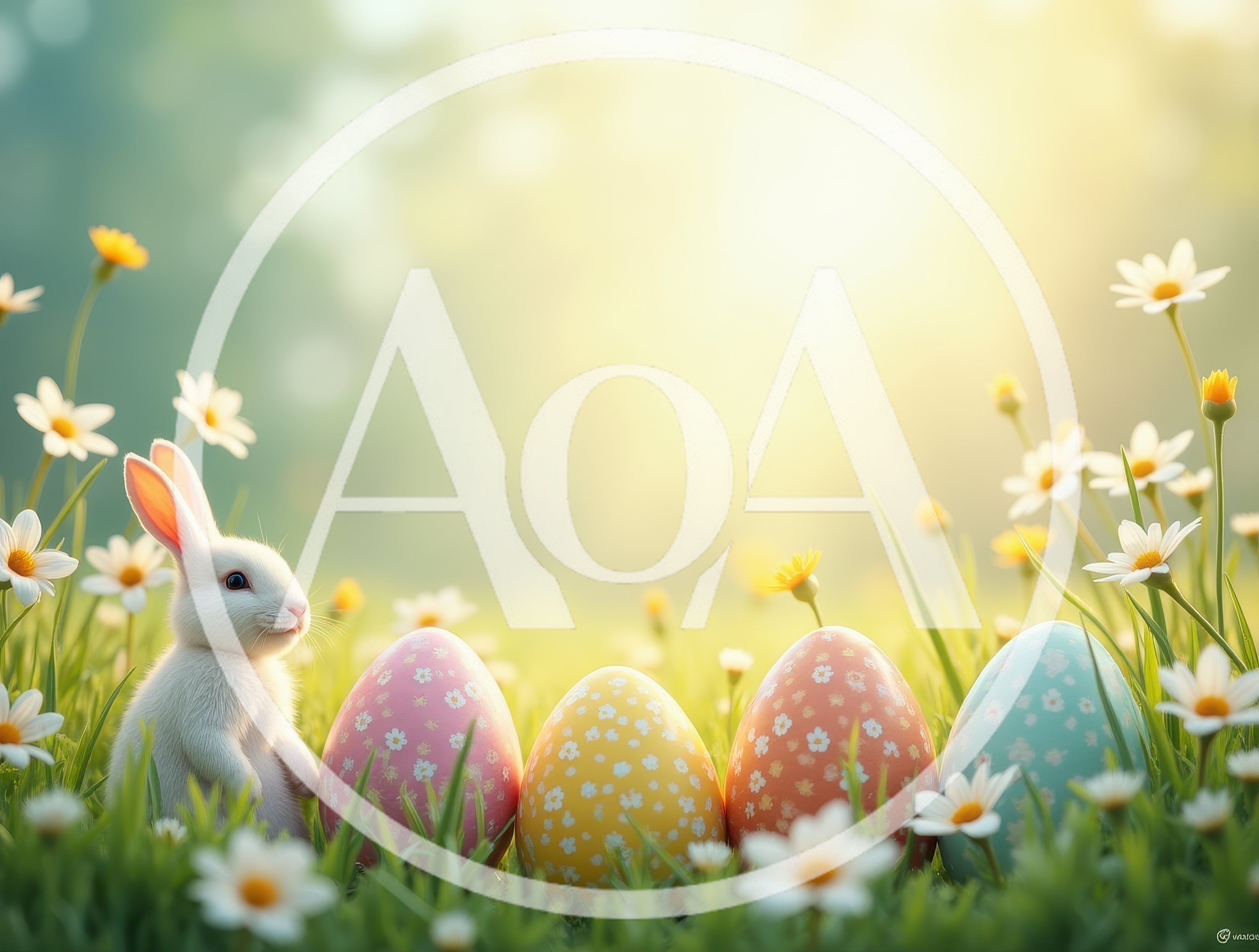 Cute White Easter Bunny With Decorated Eggs In Meadow