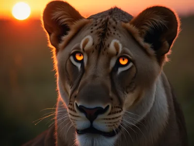 Close Up Portrait Of A Lioness At Sunset