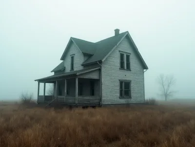 Abandoned Farmhouse Standing Alone In A Foggy Field