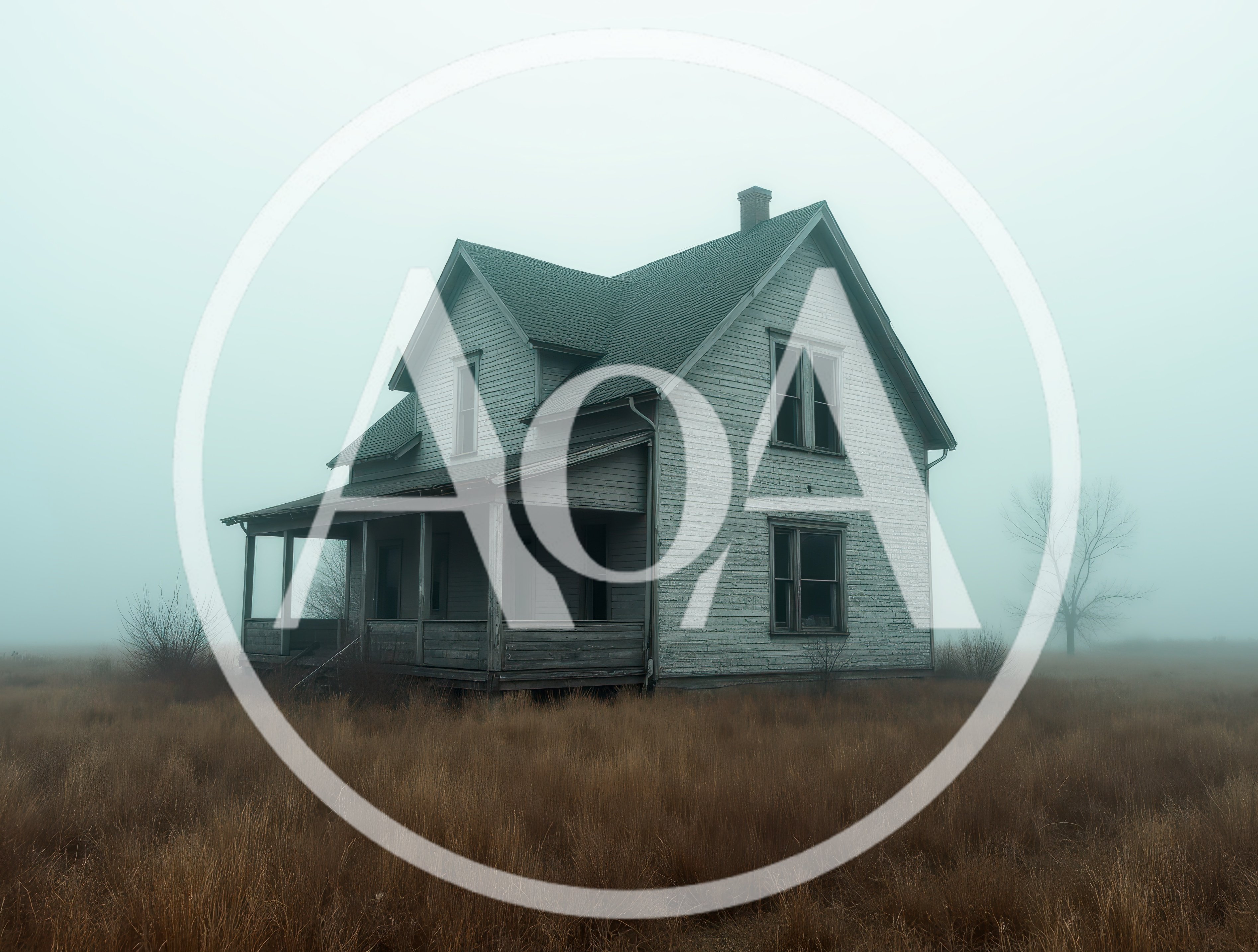 Abandoned Farmhouse Standing Alone In A Foggy Field